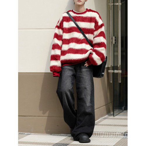 美式紅色條紋馬海毛毛衣男冬季寬松慵懶高級感加厚圓領針織衫外套