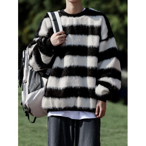 美式紅色條紋馬海毛毛衣男冬季寬松慵懶高級感加厚圓領針織衫外套