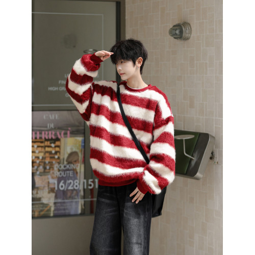 美式紅色條紋馬海毛毛衣男冬季寬松慵懶高級感加厚圓領針織衫外套