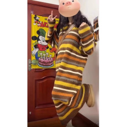慵懶風撞色條紋連帽毛衣女裙子秋冬季新款韓版寬松長款加厚針織裙