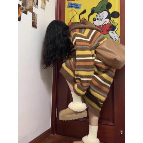 慵懶風撞色條紋連帽毛衣女裙子秋冬季新款韓版寬松長款加厚針織裙