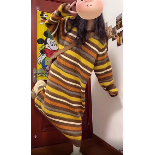 慵懶風撞色條紋連帽毛衣女裙子秋冬季新款韓版寬松長款加厚針織裙