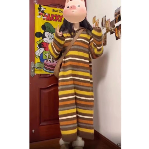 慵懶風撞色條紋連帽毛衣女裙子秋冬季新款韓版寬松長款加厚針織裙
