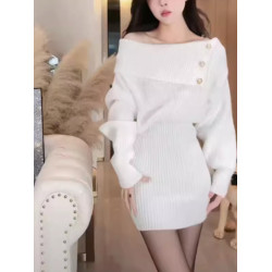 針織連衣裙女秋冬2024年新款時尚毛衣裙露肩顯身材小個子包臀裙子