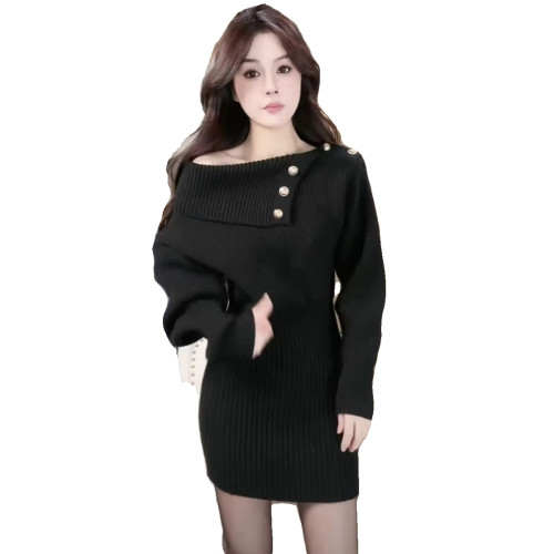 針織連衣裙女秋冬2024年新款時尚毛衣裙露肩顯身材小個子包臀裙子 針織連衣裙女秋冬2024年新款時尚毛衣裙露肩顯身材小個子包臀裙子