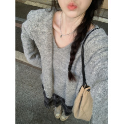 韓系慵懶風寬松V領披肩長袖針織毛衣女秋冬季軟糯內搭打底衫上衣