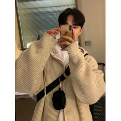 美式針織開衫毛衣外套男秋冬新款復古慵懶風潮牌百搭純色拉鍊線衣