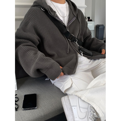 美式針織開衫毛衣外套男秋冬新款復古慵懶風潮牌百搭純色拉鍊線衣