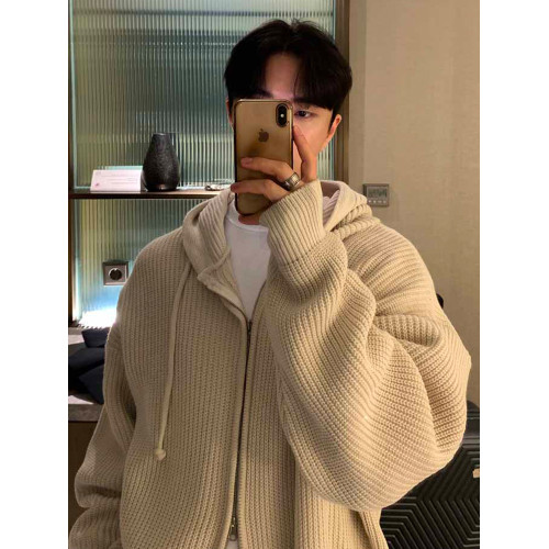 美式針織開衫毛衣外套男秋冬新款復古慵懶風潮牌百搭純色拉鍊線衣