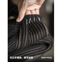 馬登工裝美式復古竪條紋編織毛衣插肩袖圓領加厚打底針織衫男秋