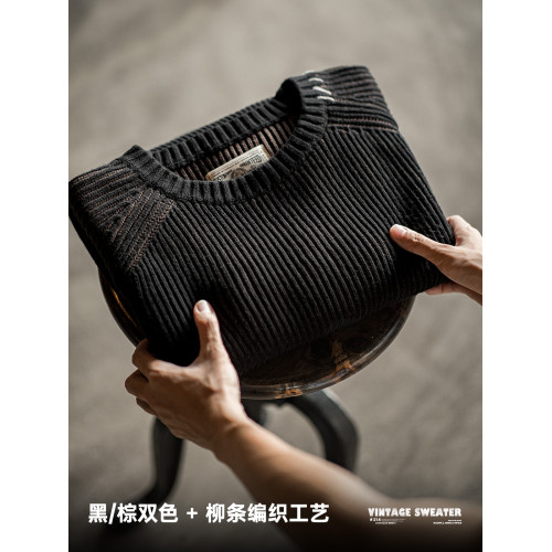 馬登工裝美式復古竪條紋編織毛衣插肩袖圓領加厚打底針織衫男秋 馬登工裝美式復古竪條紋編織毛衣插肩袖圓領加厚打底針織衫男秋