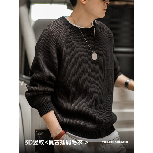 馬登工裝美式復古竪條紋編織毛衣插肩袖圓領加厚打底針織衫男秋 馬登工裝美式復古竪條紋編織毛衣插肩袖圓領加厚打底針織衫男秋