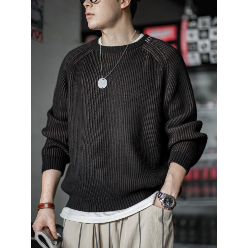 馬登工裝美式復古竪條紋編織毛衣插肩袖圓領加厚打底針織衫男秋 馬登工裝美式復古竪條紋編織毛衣插肩袖圓領加厚打底針織衫男秋