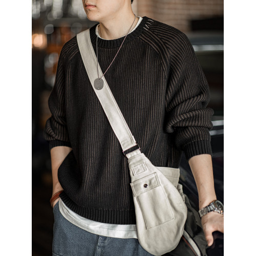 馬登工裝美式復古竪條紋編織毛衣插肩袖圓領加厚打底針織衫男秋 馬登工裝美式復古竪條紋編織毛衣插肩袖圓領加厚打底針織衫男秋