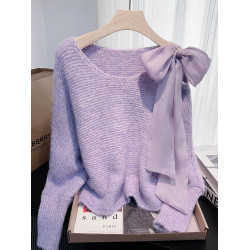 韓系甜美米白色蝴蝶結蝙蝠袖毛衣女秋冬新款設計感寬松短款上衣