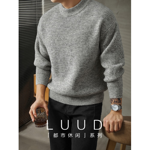 LUUD 圓領套頭毛衣男士2025秋冬保暖提花紋理百搭毛衫休閒針織衫
