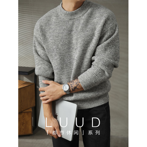 LUUD 圓領套頭毛衣男士2025秋冬保暖提花紋理百搭毛衫休閒針織衫