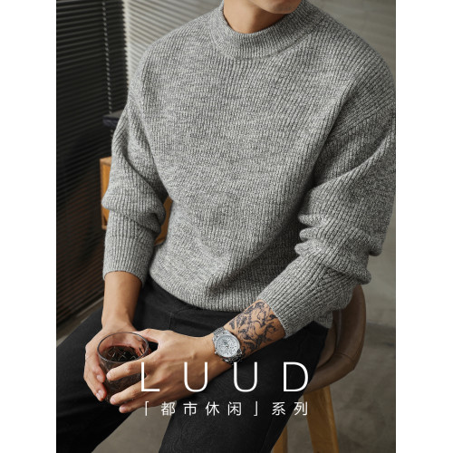 LUUD 圓領套頭毛衣男士2025秋冬保暖提花紋理百搭毛衫休閒針織衫