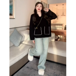 大碼慵懶風v領寬松內搭針織衫毛衣秋冬胖mm顯瘦小香風外套上衣女