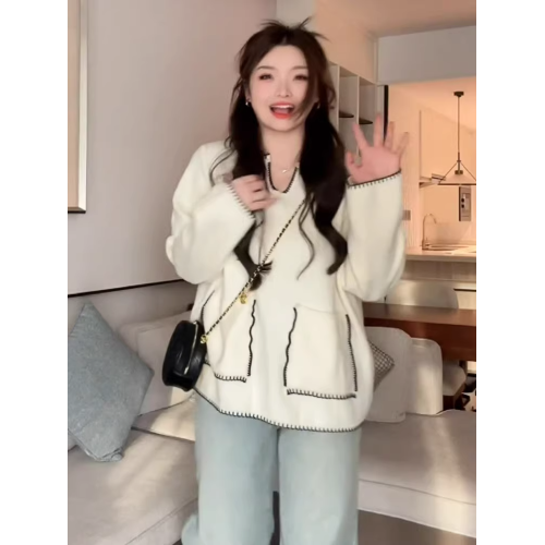 大碼慵懶風v領寬松內搭針織衫毛衣秋冬胖mm顯瘦小香風外套上衣女 大碼慵懶風v領寬松內搭針織衫毛衣秋冬胖mm顯瘦小香風外套上衣女