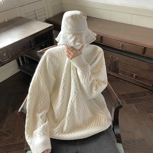 絞花圓領毛衣男士秋冬季加厚高級感慵懶風線衣寬松情侶針織衫外套