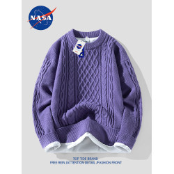 NASA圓領針織麻花毛衣男士秋冬季寬松休閒打底衫潮流百搭加絨長袖