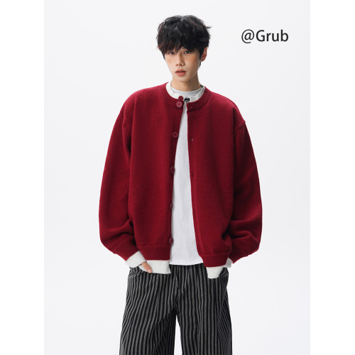 安哥拉紅針織衫開衫男女冬國潮假兩件情侶毛衣復古慵懶風線衣外套