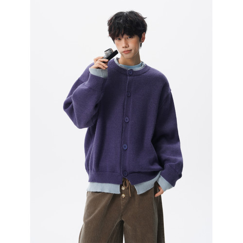 安哥拉紅針織衫開衫男女冬國潮假兩件情侶毛衣復古慵懶風線衣外套