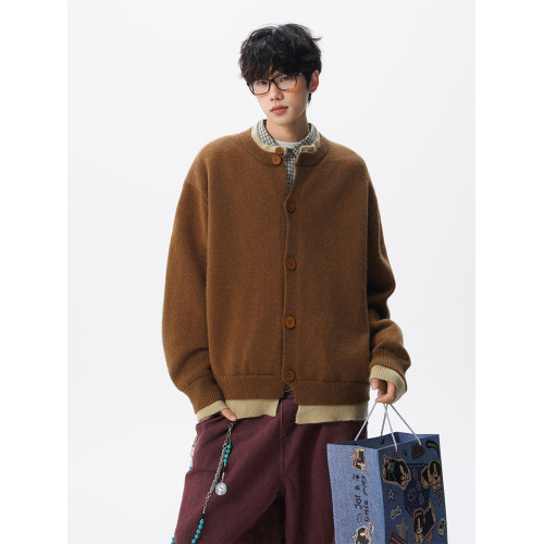 安哥拉紅針織衫開衫男女冬國潮假兩件情侶毛衣復古慵懶風線衣外套