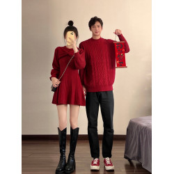 新年情侶裝毛衣高級感紅色訂婚服蝴蝶結收腰針織衫連衣裙一裙一衣