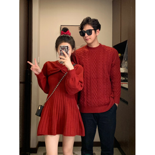 新年情侶裝毛衣高級感紅色訂婚服蝴蝶結收腰針織衫連衣裙一裙一衣