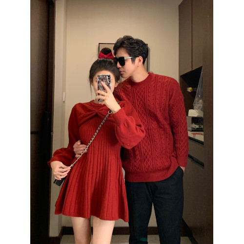 新年情侶裝毛衣高級感紅色訂婚服蝴蝶結收腰針織衫連衣裙一裙一衣