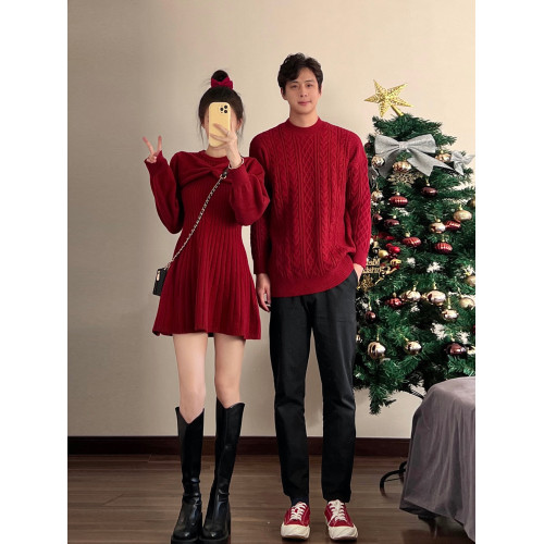 新年情侶裝毛衣高級感紅色訂婚服蝴蝶結收腰針織衫連衣裙一裙一衣