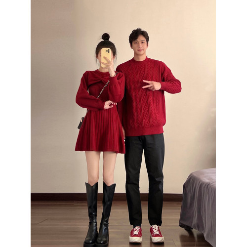 新年情侶裝毛衣高級感紅色訂婚服蝴蝶結收腰針織衫連衣裙一裙一衣