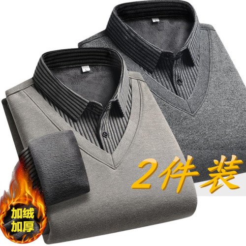 爸爸裝秋冬季加絨加厚毛衣男中老年人假兩件襯衫領男針織保暖內衣