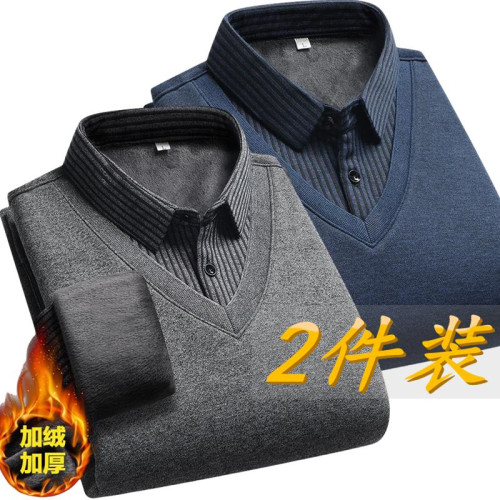 爸爸裝秋冬季加絨加厚毛衣男中老年人假兩件襯衫領男針織保暖內衣