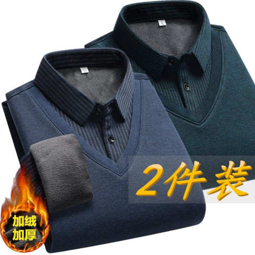 爸爸裝秋冬季加絨加厚毛衣男中老年人假兩件襯衫領男針織保暖內衣