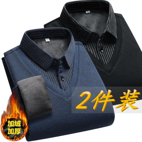 爸爸裝秋冬季加絨加厚毛衣男中老年人假兩件襯衫領男針織保暖內衣