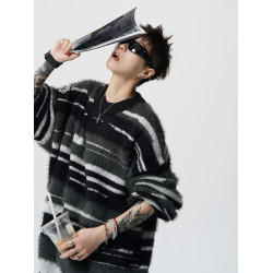 復古馬海毛針織衫男冬美式條紋休閒毛衣高街潮牌寬松情侶百搭上衣