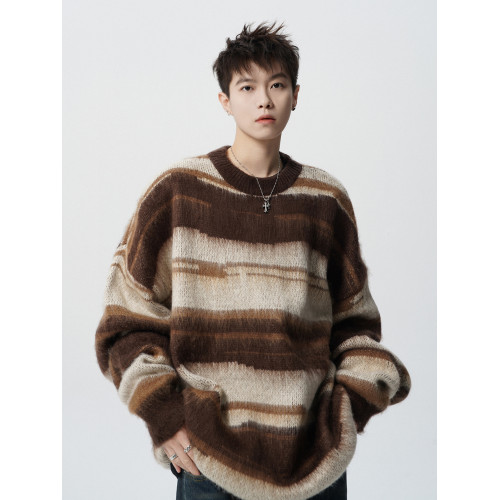 復古馬海毛針織衫男冬美式條紋休閒毛衣高街潮牌寬松情侶百搭上衣