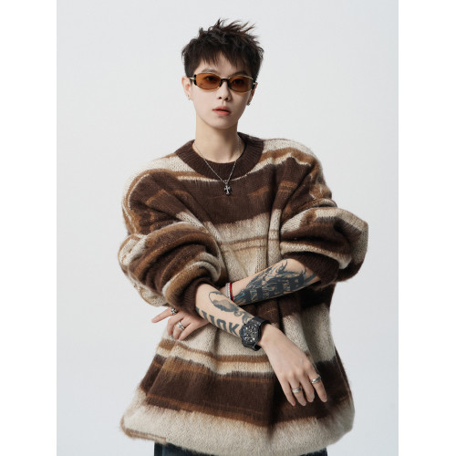 復古馬海毛針織衫男冬美式條紋休閒毛衣高街潮牌寬松情侶百搭上衣