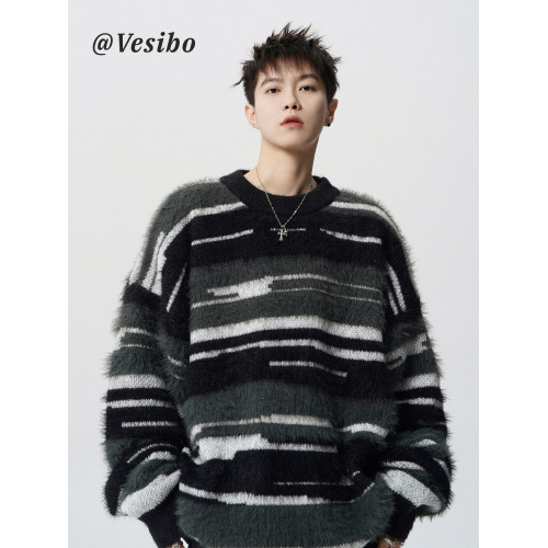 復古馬海毛針織衫男冬美式條紋休閒毛衣高街潮牌寬松情侶百搭上衣