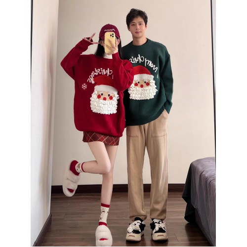 復古情侶裝聖誕老人紅色毛衣女秋冬季寬松慵懶風氛圍感港味針織衫 復古情侶裝聖誕老人紅色毛衣女秋冬季寬松慵懶風氛圍感港味針織衫