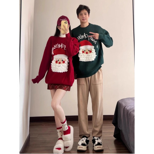 復古情侶裝聖誕老人紅色毛衣女秋冬季寬松慵懶風氛圍感港味針織衫 復古情侶裝聖誕老人紅色毛衣女秋冬季寬松慵懶風氛圍感港味針織衫