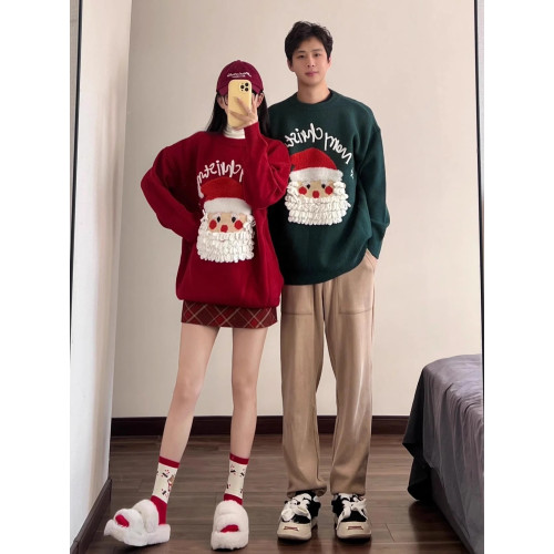 復古情侶裝聖誕老人紅色毛衣女秋冬季寬松慵懶風氛圍感港味針織衫 復古情侶裝聖誕老人紅色毛衣女秋冬季寬松慵懶風氛圍感港味針織衫