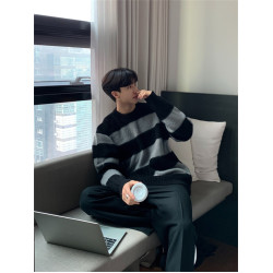 條紋韓式毛衣男高級感慵懶風oversize帥氣少年感圓領針織衫秋冬季