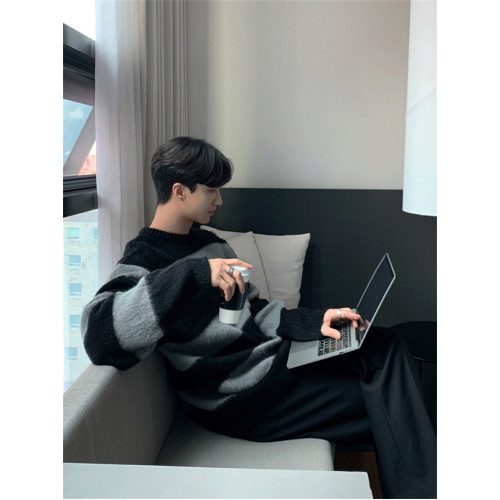 條紋韓式毛衣男高級感慵懶風oversize帥氣少年感圓領針織衫秋冬季