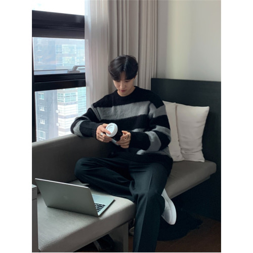 條紋韓式毛衣男高級感慵懶風oversize帥氣少年感圓領針織衫秋冬季