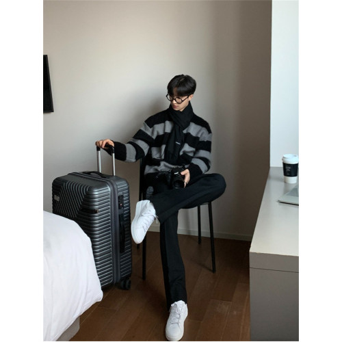 條紋韓式毛衣男高級感慵懶風oversize帥氣少年感圓領針織衫秋冬季