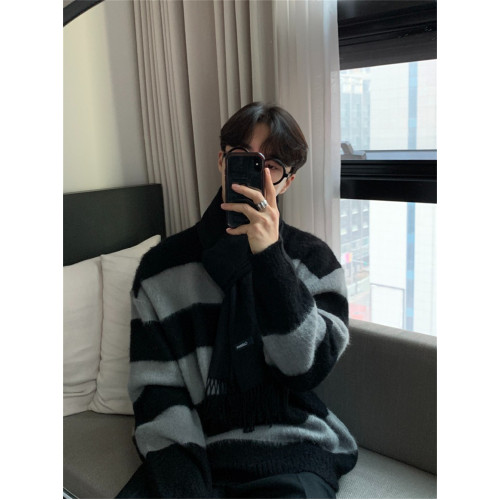 條紋韓式毛衣男高級感慵懶風oversize帥氣少年感圓領針織衫秋冬季